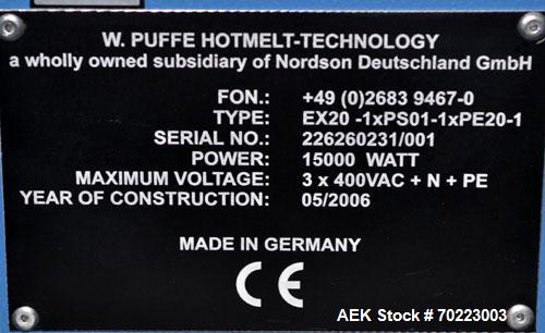 Used Nordson Hot Melt Glue & Adhesive Melting System, Model EX20-1xPS01-1xPE20-1. Melt rates from 3 - 2500 KG/Hr or 7 - 5512 lbs/hr). Operating temperature: 20 - 300 degrees celcius or 68 to 572 degr...