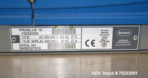 Used Nordson Hot Melt Adhesive Applicator System, Model Problue 10. Volume 10 liter, hmelt rate per hour 24 pound, throughput per hour 27.3 pound. Includes a PS40 Nordson power supply, and an Eclipse...