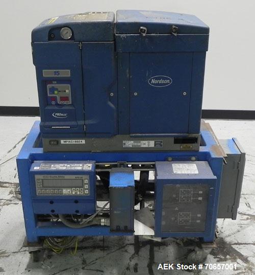 Used Nordson Model ProBlue 15 Hot Melt Glue System. Has Nodson model EPC 30 Eclipse series pattern controller. Has LogiComm glue gun driver. Mounted on stand alone frame with casters. Includes glue h...