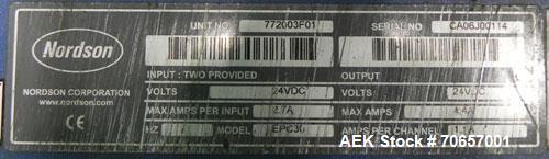Used Nordson Model ProBlue 15 Hot Melt Glue System. Has Nodson model EPC 30 Eclipse series pattern controller. Has LogiComm glue gun driver. Mounted on stand alone frame with casters. Includes glue h...