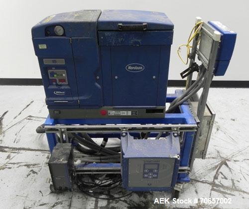 Used Nordson Model ProBlue 15 Hot Melt Glue System. Has Nodson model EPC 30 Eclipse series pattern controller. Has LogiComm glue gun driver. Mounted on stand alone frame with casters. Includes glue h...