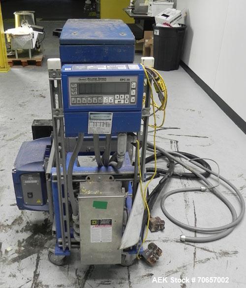 Used Nordson Model ProBlue 15 Hot Melt Glue System. Has Nodson model EPC 30 Eclipse series pattern controller. Has LogiComm glue gun driver. Mounted on stand alone frame with casters. Includes glue h...
