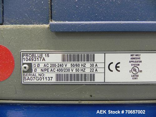 Used Nordson Model ProBlue 15 Hot Melt Glue System. Has Nodson model EPC 30 Eclipse series pattern controller. Has LogiComm glue gun driver. Mounted on stand alone frame with casters. Includes glue h...