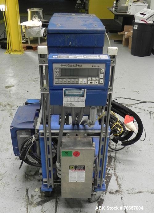 Used Nordson Model ProBlue 15 Hot Melt Glue System. Has Nodson model EPC 30 Eclipse series pattern controller. Has LogiComm glue gun driver. Mounted on stand alone frame with casters. Includes glue h...