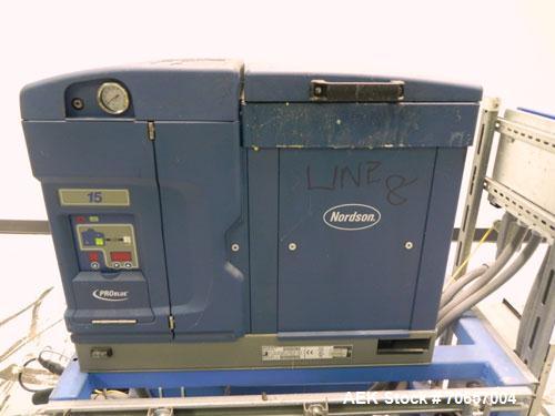 Used Nordson Model ProBlue 15 Hot Melt Glue System. Has Nodson model EPC 30 Eclipse series pattern controller. Has LogiComm glue gun driver. Mounted on stand alone frame with casters. Includes glue h...