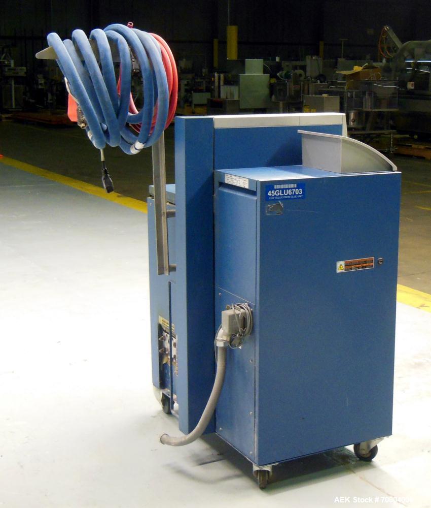 Used Nordson VersaBlue 50 Glue System. Built 2004. Has a holding capacity of 50 Liters, Maximum 6 hoses/guns, throughput per hour 165 lbs (75kg), Melt Rate per hour 110 lbs (50kg). 3/230V/50/60HZ. Ha...