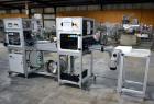 Used PVA (Halfmoon NY) Glue Applicator, serial #C1055, with cooling section. Features twin Rexroth 2” table top chain conveyors which introduce bottle to glue nozzles, then manual “shell/cap” placing...