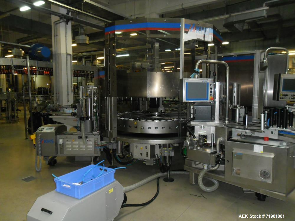 Used KHS AG Front, Back and Neck Glue Labeling Machine. Type Innoket SE 2080/120-48LM GT. Cold glue configuration. Capacity 66000 containers/hour. 73.6” (1888 mm) diameter turn table/carousel. 48 pcs...