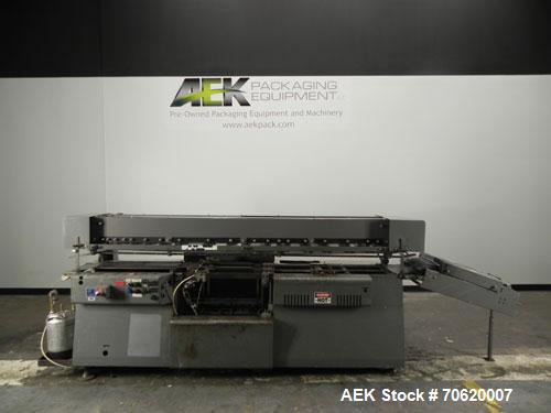 Used Mateer Burt 704 Automatic Roll Through Hot Glue Wraparound Labeler. Capable of speeds up to 600 labels per minute depending on materials and application. Can size range: 1-3/4" to 7-1/4" in diam...
