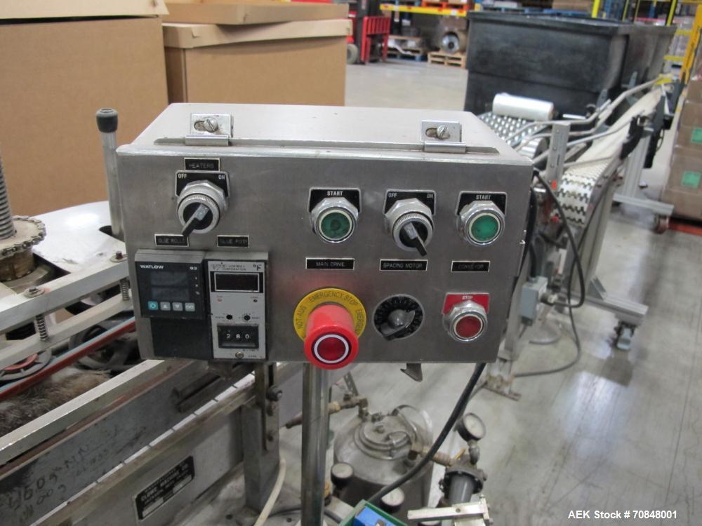 Used Clowe Model 50 Hot Melt Upright Glue Labeler capable of speeds up to 500 containers per minute. Will handle bottles or cans and apply spot or wraparound labels. Container size range: diameter 2"...
