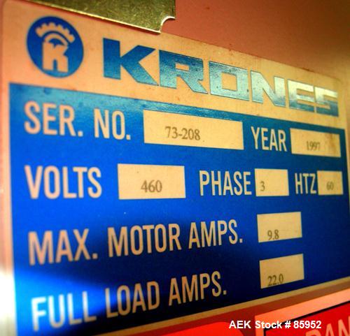 Used Krones Canmatic Rotary Hot Glue Wraparound Labeler. 18 hd Capable of running up to 600 cpm. Container size range: 50-110mm diameter, 50-250mm or 150-350mm height. 18 head unit set on 126mm pitch...