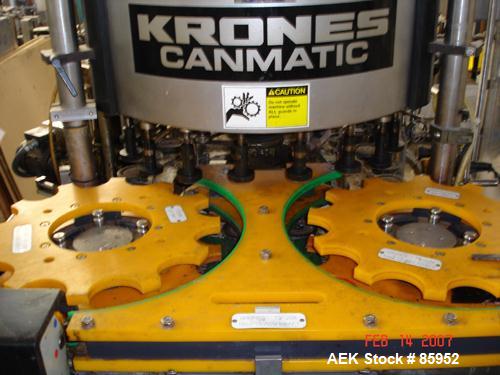 Used Krones Canmatic Rotary Hot Glue Wraparound Labeler. 18 hd Capable of running up to 600 cpm. Container size range: 50-110mm diameter, 50-250mm or 150-350mm height. 18 head unit set on 126mm pitch...