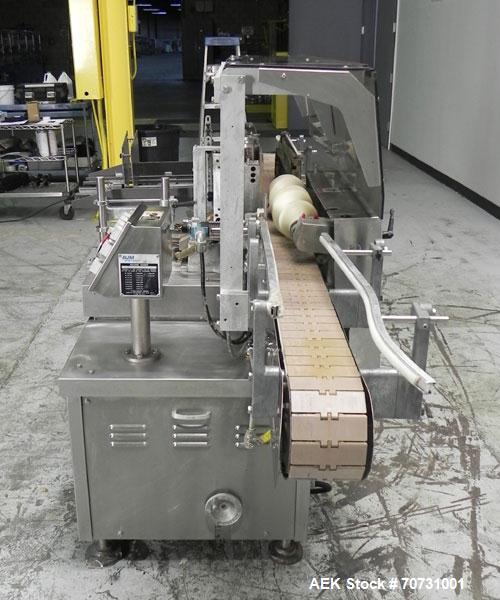Used New Jersey Machine Mustang II Automatic Glue Labeler capable of speeds up to 250 labels per minute. Has a label size range: length 2-1/2" to 14-1/2", height 1" to 5-1/2". Container size range: d...