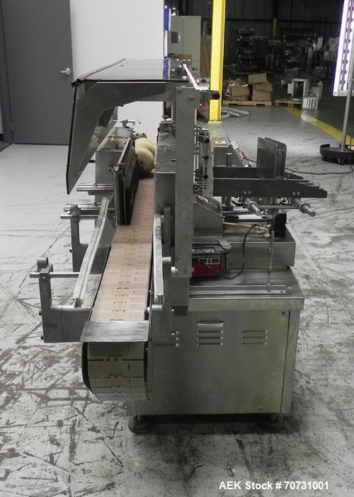 Used New Jersey Machine Mustang II Automatic Glue Labeler capable of speeds up to 250 labels per minute. Has a label size range: length 2-1/2" to 14-1/2", height 1" to 5-1/2". Container size range: d...