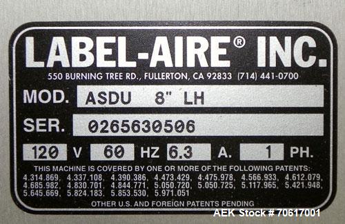 Used Label Aire ASDU 8"LH Auto Splice Dual Label Unwinder. Label Aire model ASDU 8" RH auto splice dual unwinder with bonbox capable up to 2500"/minute. Label range 1" - 8" width. Label packaging 3" ...