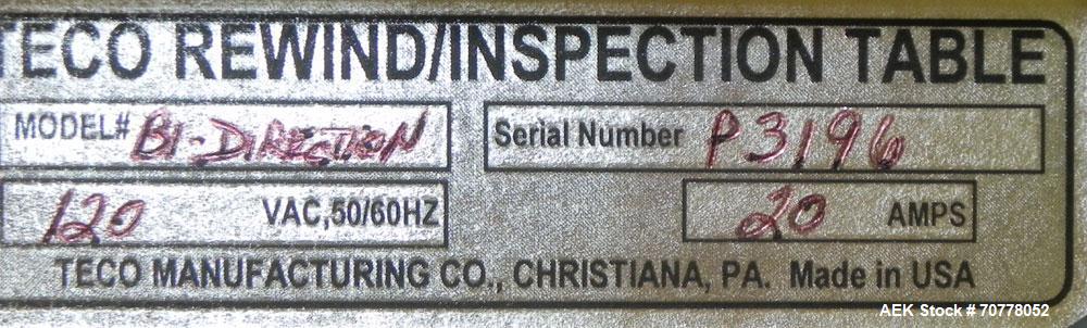Used Teco Model 200 Bi-Direction Label Counter and Rewinder. Is capable of speeds up to 600 feet per minute. Has a maximum web width of 7". Uses a 100 psi air clutch breaking system and variable spee...