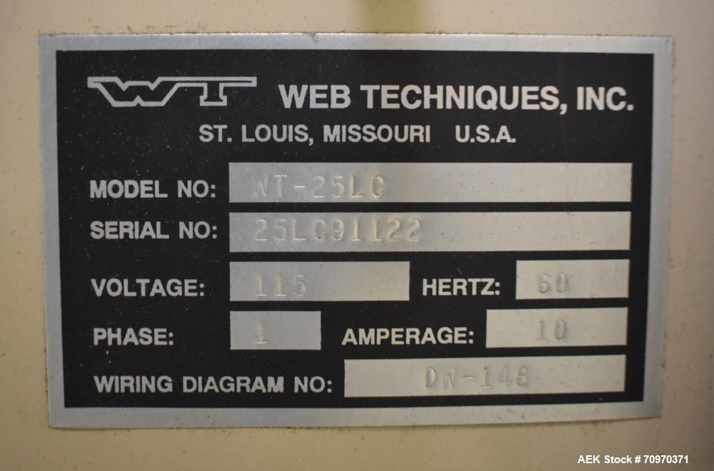 Used WT Web Techniques Label Counter / Rewinder, Model WT-25LC. Max web width: 7" (17.78 cm), optional 10" (25.4 cm), max unwind diameter: 24 inches (61 cm), max rewind diameter 18" (45 cm), optional...