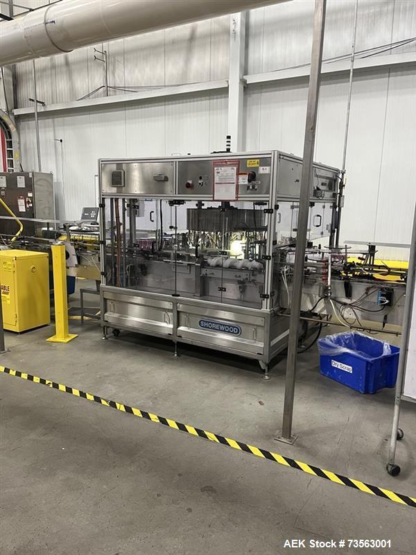 Used Shorewood Engineering Rotary Front, Back & Wrap Labeler, Model 5840 | 120 CPM | Allen Bradley PLC | Stainless Steel | Food-Grade Labeling System