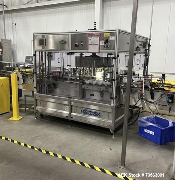Used Shorewood Engineering Rotary Front, Back & Wrap Labeler, Model 5840 | 120 CPM | Allen Bradley PLC | Stainless Steel | Food-Grade Labeling System