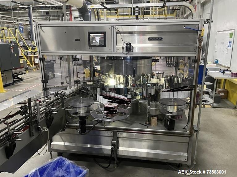 Used Shorewood Engineering Rotary Front, Back & Wrap Labeler, Model 5840 | 120 CPM | Allen Bradley PLC | Stainless Steel | Food-Grade Labeling System