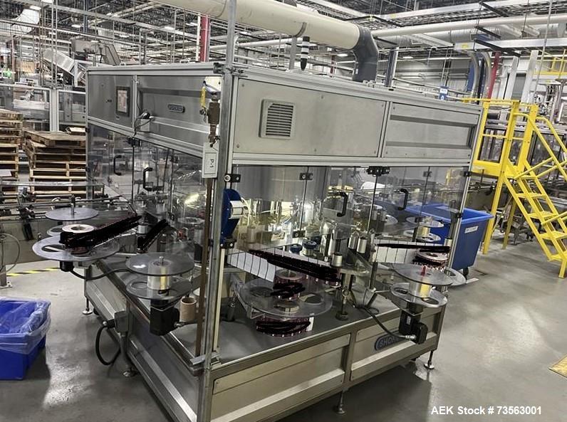 Used Shorewood Engineering Rotary Front, Back & Wrap Labeler, Model 5840 | 120 CPM | Allen Bradley PLC | Stainless Steel | Food-Grade Labeling System