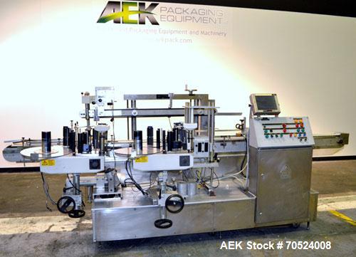 Used Avery Model ALS 350 LW 1390 Front & Back Redundant Head Presure Sensitive Labeler. Will apply single side panel labels up to 6" high. Has dual worm screw timing infeed, top hold down, redundant ...