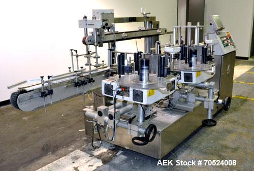 Used Avery Model ALS 350 LW 1390 Front & Back Redundant Head Presure Sensitive Labeler. Will apply single side panel labels up to 6" high. Has dual worm screw timing infeed, top hold down, redundant ...
