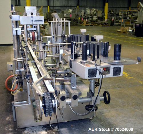 Used Avery Model ALS 350 LW 1390 Front & Back Redundant Head Presure Sensitive Labeler. Will apply single side panel labels up to 6" high. Has dual worm screw timing infeed, top hold down, redundant ...