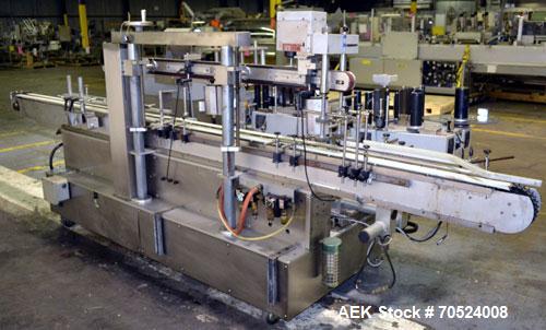 Used Avery Model ALS 350 LW 1390 Front & Back Redundant Head Presure Sensitive Labeler. Will apply single side panel labels up to 6" high. Has dual worm screw timing infeed, top hold down, redundant ...
