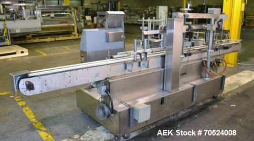 Used Avery Model ALS 350 LW 1390 Front & Back Redundant Head Presure Sensitive Labeler. Will apply single side panel labels up to 6" high. Has dual worm screw timing infeed, top hold down, redundant ...