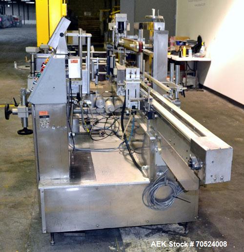 Used Avery Model ALS 350 LW 1390 Front & Back Redundant Head Presure Sensitive Labeler. Will apply single side panel labels up to 6" high. Has dual worm screw timing infeed, top hold down, redundant ...