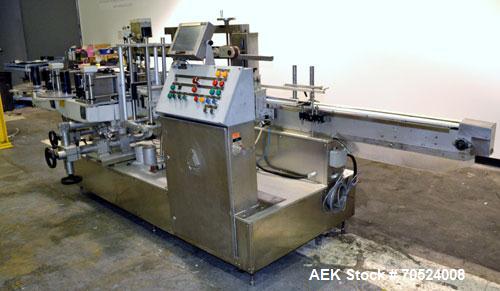 Used Avery Model ALS 350 LW 1390 Front & Back Redundant Head Presure Sensitive Labeler. Will apply single side panel labels up to 6" high. Has dual worm screw timing infeed, top hold down, redundant ...