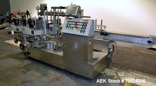 Used Avery Model ALS 350 LW 1390 Front & Back Redundant Head Presure Sensitive Labeler. Will apply single side panel labels up to 6" high. Has dual worm screw timing infeed, top hold down, redundant ...