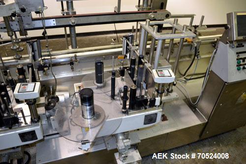 Used Avery Model ALS 350 LW 1390 Front & Back Redundant Head Presure Sensitive Labeler. Will apply single side panel labels up to 6" high. Has dual worm screw timing infeed, top hold down, redundant ...