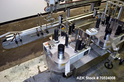 Used Avery Model ALS 350 LW 1390 Front & Back Redundant Head Presure Sensitive Labeler. Will apply single side panel labels up to 6" high. Has dual worm screw timing infeed, top hold down, redundant ...