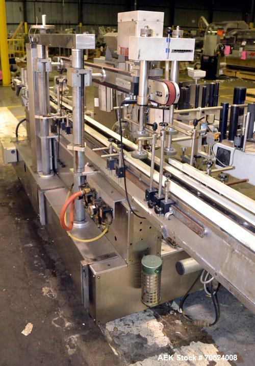 Used Avery Model ALS 350 LW 1390 Front & Back Redundant Head Presure Sensitive Labeler. Will apply single side panel labels up to 6" high. Has dual worm screw timing infeed, top hold down, redundant ...