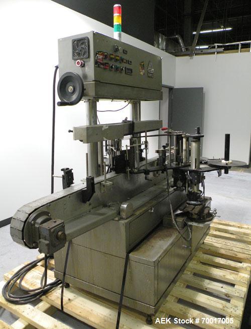 Used Avery 8000 Series Front and Back Pressure Sensitive Labeler, Model UL III F/B. Has top hold down, bump wheel container spacing and 6" high label unwind. 3" wide x 96" long plastic belt conveyor....
