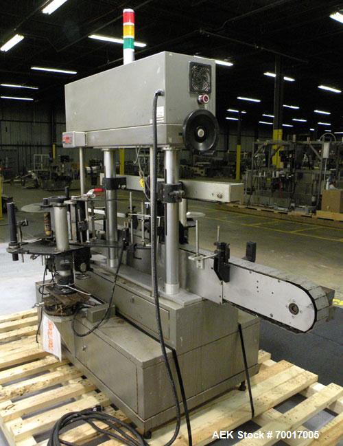 Used Avery 8000 Series Front and Back Pressure Sensitive Labeler, Model UL III F/B. Has top hold down, bump wheel container spacing and 6" high label unwind. 3" wide x 96" long plastic belt conveyor....