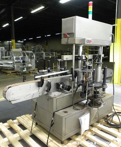 Used Avery 8000 Series Front and Back Pressure Sensitive Labeler, Model UL III F/B. Has top hold down, bump wheel container spacing and 6" high label unwind. 3" wide x 96" long plastic belt conveyor....
