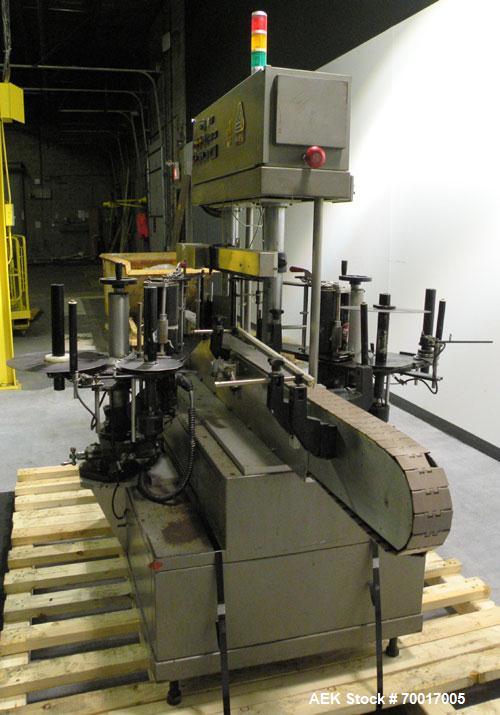 Used Avery 8000 Series Front and Back Pressure Sensitive Labeler, Model UL III F/B. Has top hold down, bump wheel container spacing and 6" high label unwind. 3" wide x 96" long plastic belt conveyor....