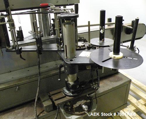 Used Avery 8000 Series Front and Back Pressure Sensitive Labeler, Model UL III F/B. Has top hold down, bump wheel container spacing and 6" high label unwind. 3" wide x 96" long plastic belt conveyor....