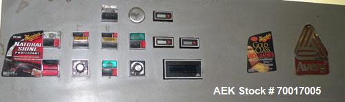 Used Avery 8000 Series Front and Back Pressure Sensitive Labeler, Model UL III F/B. Has top hold down, bump wheel container spacing and 6" high label unwind. 3" wide x 96" long plastic belt conveyor....