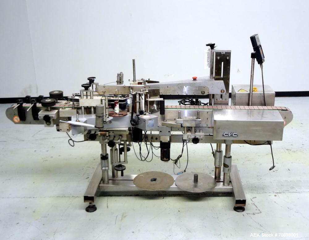 Used CVC 400 II Front and Back Pressure Sensitive Labeler. Capable of up to 250 bottles per minute. Will apply labels in length of " to 6-23/32", product width of 1-3/8" to 7-1/4". Can apply labels f...