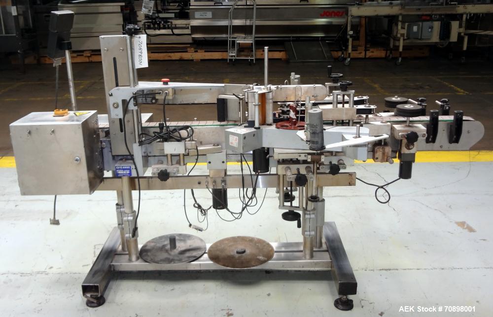 Used CVC 400 II Front and Back Pressure Sensitive Labeler. Capable of up to 250 bottles per minute. Will apply labels in length of " to 6-23/32", product width of 1-3/8" to 7-1/4". Can apply labels f...