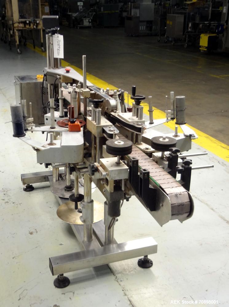 Used CVC 400 II Front and Back Pressure Sensitive Labeler. Capable of up to 250 bottles per minute. Will apply labels in length of " to 6-23/32", product width of 1-3/8" to 7-1/4". Can apply labels f...