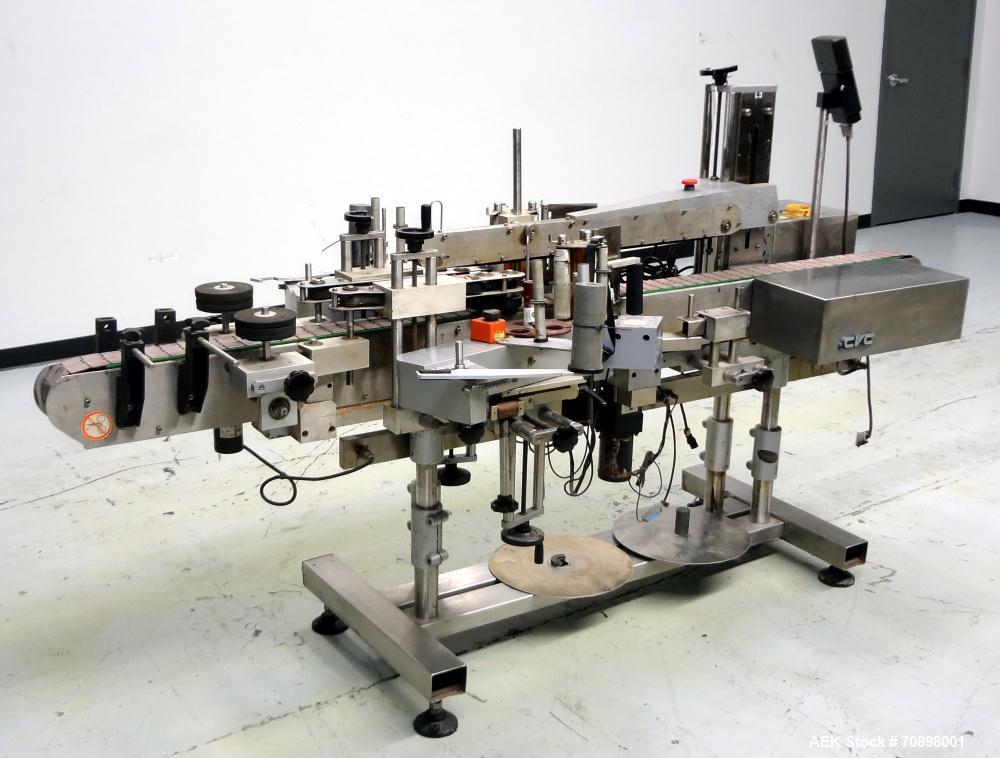Used CVC 400 II Front and Back Pressure Sensitive Labeler. Capable of up to 250 bottles per minute. Will apply labels in length of " to 6-23/32", product width of 1-3/8" to 7-1/4". Can apply labels f...