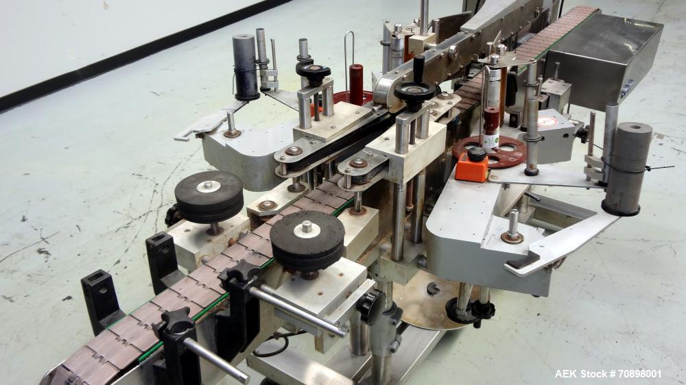 Used CVC 400 II Front and Back Pressure Sensitive Labeler. Capable of up to 250 bottles per minute. Will apply labels in length of " to 6-23/32", product width of 1-3/8" to 7-1/4". Can apply labels f...