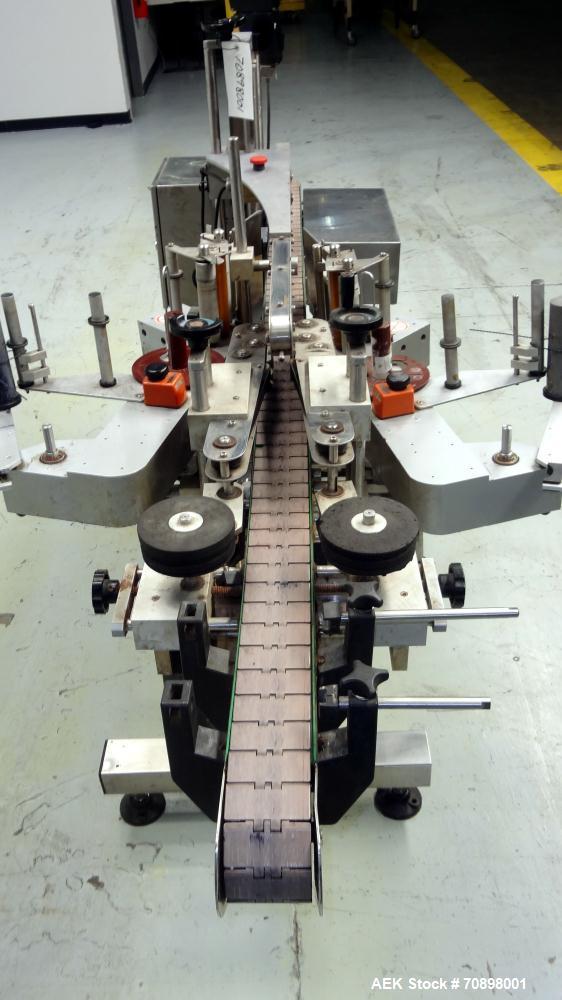 Used CVC 400 II Front and Back Pressure Sensitive Labeler. Capable of up to 250 bottles per minute. Will apply labels in length of " to 6-23/32", product width of 1-3/8" to 7-1/4". Can apply labels f...