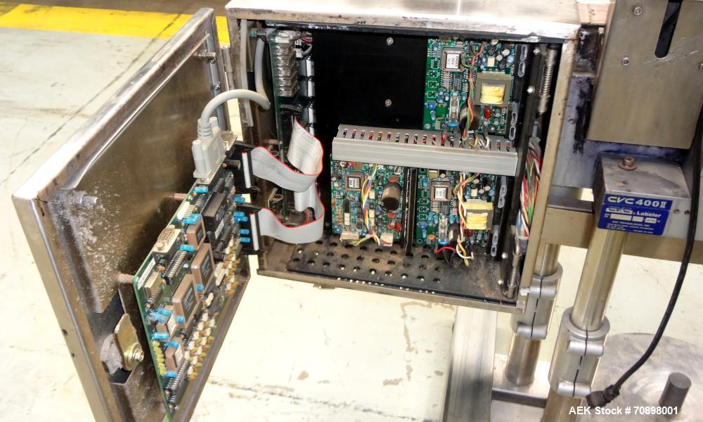 Used CVC 400 II Front and Back Pressure Sensitive Labeler. Capable of up to 250 bottles per minute. Will apply labels in length of " to 6-23/32", product width of 1-3/8" to 7-1/4". Can apply labels f...