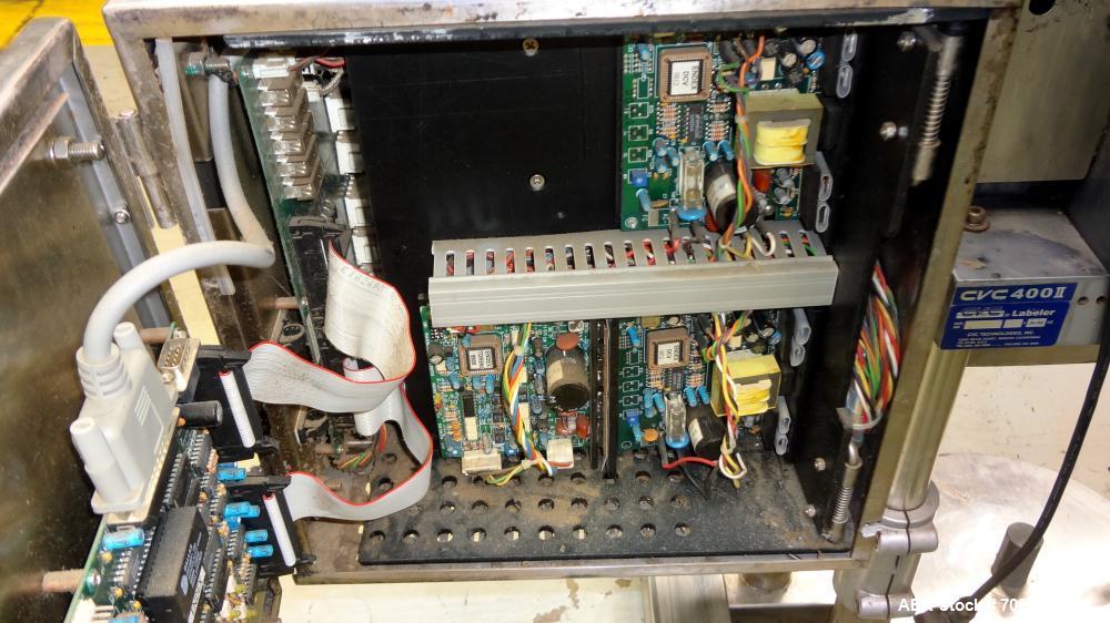 Used CVC 400 II Front and Back Pressure Sensitive Labeler. Capable of up to 250 bottles per minute. Will apply labels in length of " to 6-23/32", product width of 1-3/8" to 7-1/4". Can apply labels f...